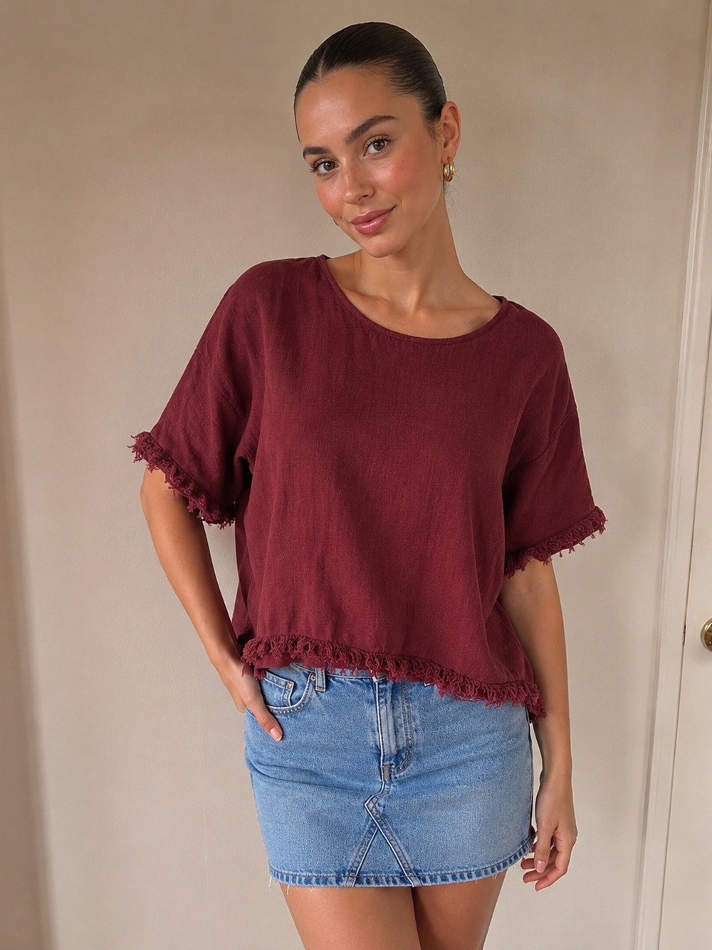 Umgee Burgundy Linen Blend Fringe Hem Top - Picture 1 of 5